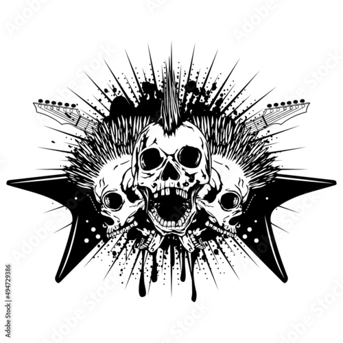 Vector illustration skulls with mohawk and crossed electric guitars on grunge background. Design punk rock sign for t-shirt or poster print