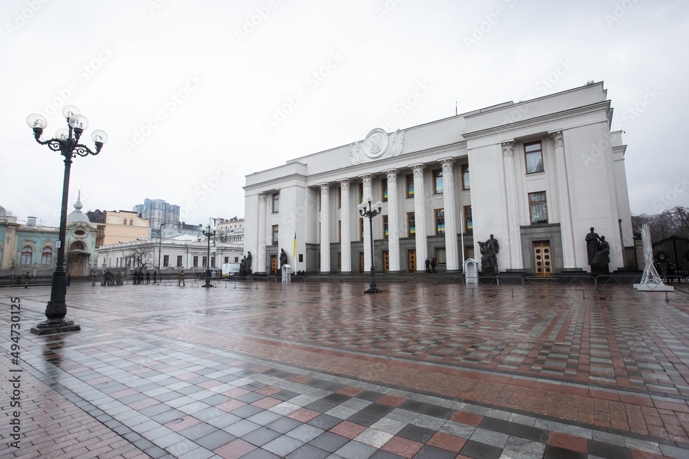 Deserted Constitution Square and the building of the Ukrainian Parliament (Verkhovna Rada) on the first day of Russia's invasion of Ukraine in Kyiv, Ukraine
