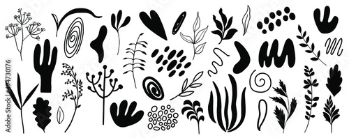 Organic shapes  plants  spots  lines  dots. Vector set of minimal trendy abstract hand drawn isolated elements for graphic design 