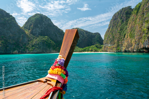 Scenic of prow boat over the sea of Maya bay at Phi Phi Island (Ko Phi Phi Don) , Krabi Thailand. Can used for travel Thailand concepts.