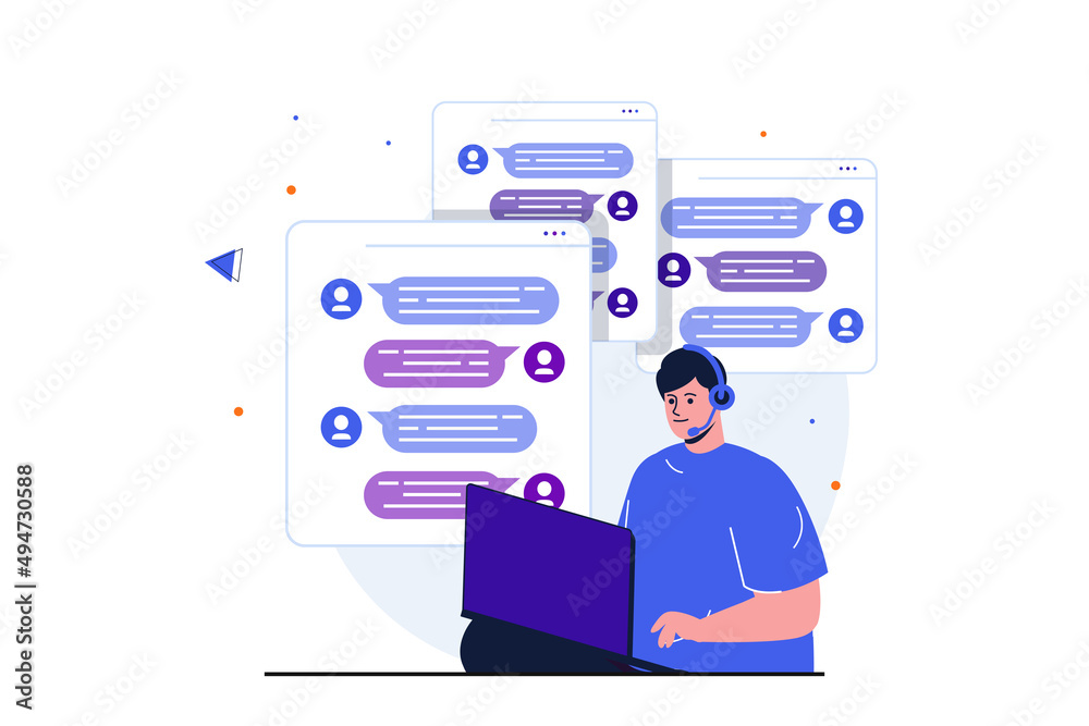Virtual assistant modern flat concept for web banner design. Man in headset chats with client in messenger, helps to solve problem and gives advice. Illustration with isolated people scene Virtual assistant modern flat concept for web banner design. Man in headset chats with client in messenger, helps to solve problem and gives advice. Illustration with isolated people scene