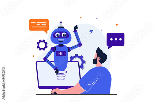 Virtual assistant modern flat concept for web banner design. Man contacts tech support and is answered by chat bot robot with artificial intelligence. Illustration with isolated people scene