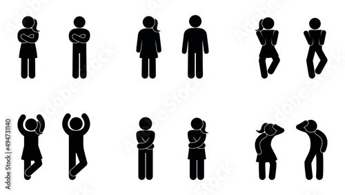man and woman icons, collection of human silhouettes, gender equality, couple of people in the same poses, stick figure people