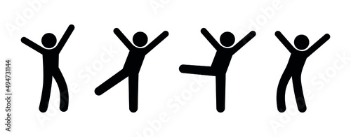 man icons set, dancing people in different poses, stickman raised his hands up, vector human figures