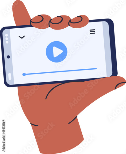 Hand Holding Phone with Play Button on Screen Cartoon Illustration