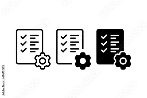 Task icon. Document with checklist and gear sign. Vector illustration