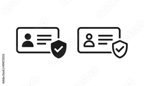 Identification card with shield and check mark. Personal document. Secure profile. Vector illustration