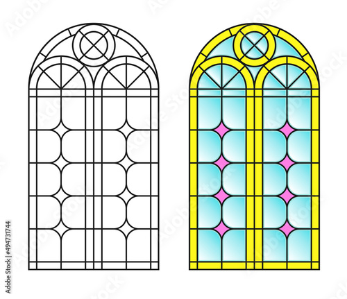 Arched vintage old window with stained glass
