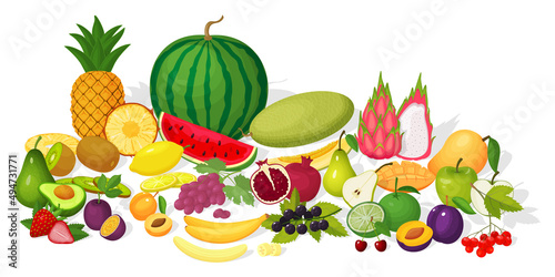 Fototapeta Naklejka Na Ścianę i Meble -  A set of fruits.Colorful cartoon icons of ripe and juicy fruits isolated on a white background.Watermelon,avocado,cherry,lime,petaya,pear,apple,plum,apricot,grape,mango,banana