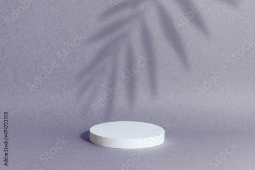 Minimal abstract background for the presentation of a cosmetic product. White scene on a lilac background with a shadow of tropical palm leaves. Premium podium, showcase, display case.