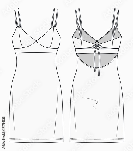 Women bustier mini dress flat sketch vector illustration. Girl strappy dress fashion flat technical drawing. Slip Dress fashion design.