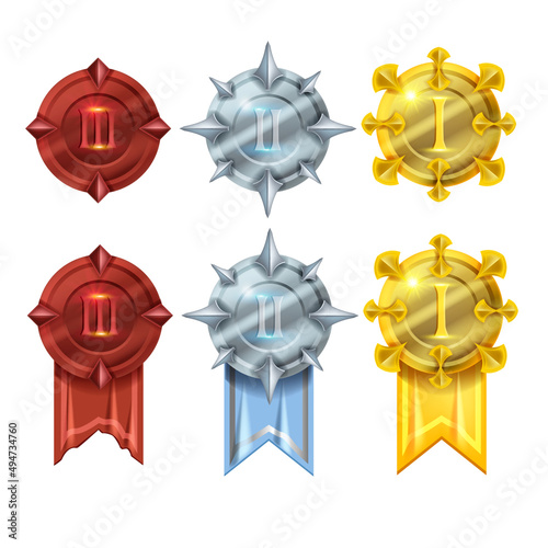 Game medal badge set, vector UI rank award icon, gold reward trophy, silver prize, bronze victory coin. Level up bonus achievement, winner symbol, champion jewelry design. Game medal clipart kit