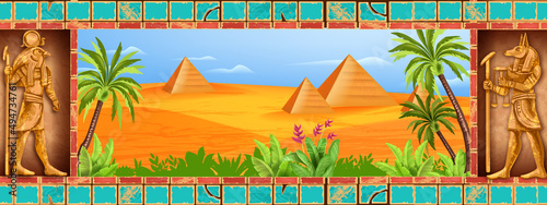 Egypt desert landscape, vector Egyptian pyramid background, ancient stone temple frame, god statue. Sand dune hills, oasis palm tree, panoramic Sahara view. Egypt landscape old civilization palace