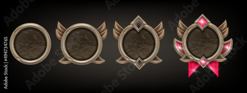 Stone game frame set, vector UI fantasy mobile app reward kit, medieval level up user avatar circle. RPG rock round ranking sign collection, fairy panel design element. Ancient game frame award icons