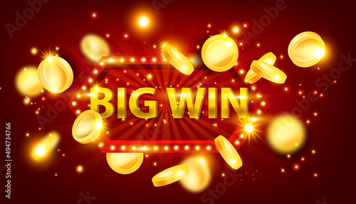 Casino big win banner, vector jackpot game prize sign, golden coin, red retro signboard, light bulbs. Lucky promotion lottery Vegas illustration, celebration victory frame. Big win 3D reward clipart