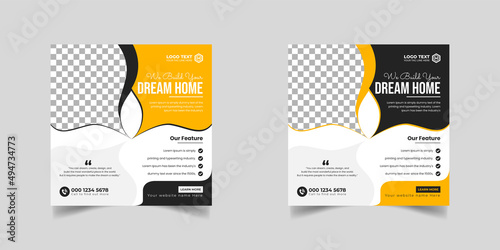 Construction renovation handyman home repair flyer and dream home social media post banner template or Square real estate flyer,