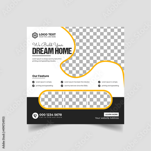 Construction renovation handyman home repair flyer and dream home social media post banner template or Square real estate flyer,