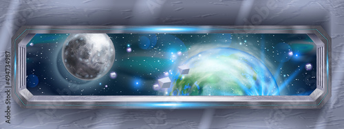 Spaceship window view, future spacecraft interior, vector Earth planet, moon, cosmic stones, stars. Metal neon galaxy game background, night sky, shuttle frame, flare. Fantasy sci-fi spaceship window