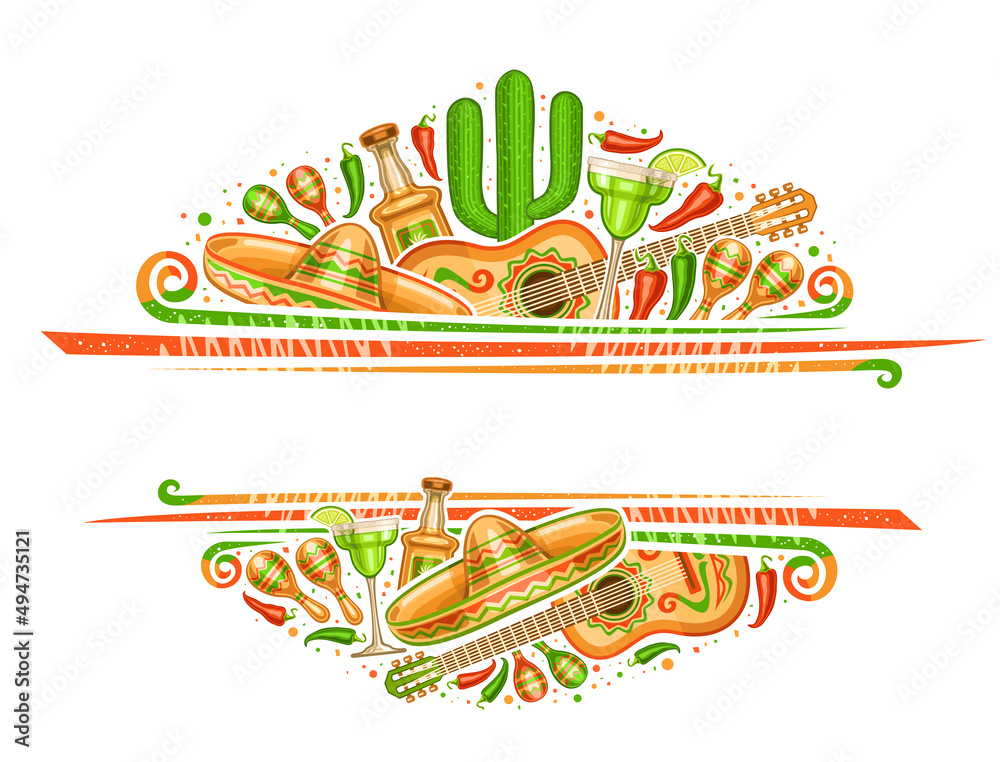 Vector border for Cinco de Mayo with copyspace for text, decorative voucher with illustration of mexican musical instruments, red and green hot peppers, traditional alcohol drinks for cinco de mayo
