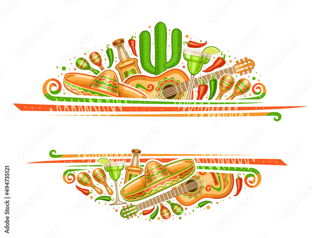 Vector border for Cinco de Mayo with copyspace for text, decorative voucher with illustration of mexican musical instruments, red and green hot peppers, traditional alcohol drinks for cinco de mayo Vector border for Cinco de Mayo with copyspace for text, decorative voucher with illustration of mexican musical instruments, red and green hot peppers, traditional alcohol drinks for cinco de mayo