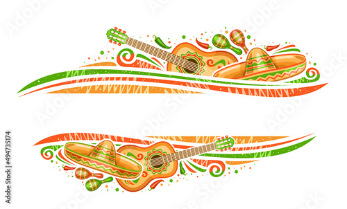 Vector border for Cinco de Mayo with copy space for text, decorative horizontal coupon with illustration of mexican musical instruments, red and green hot peppers, traditional hat for cinco de mayo