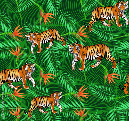 tropical leaves  with animal drawings   wild seamless pattern
