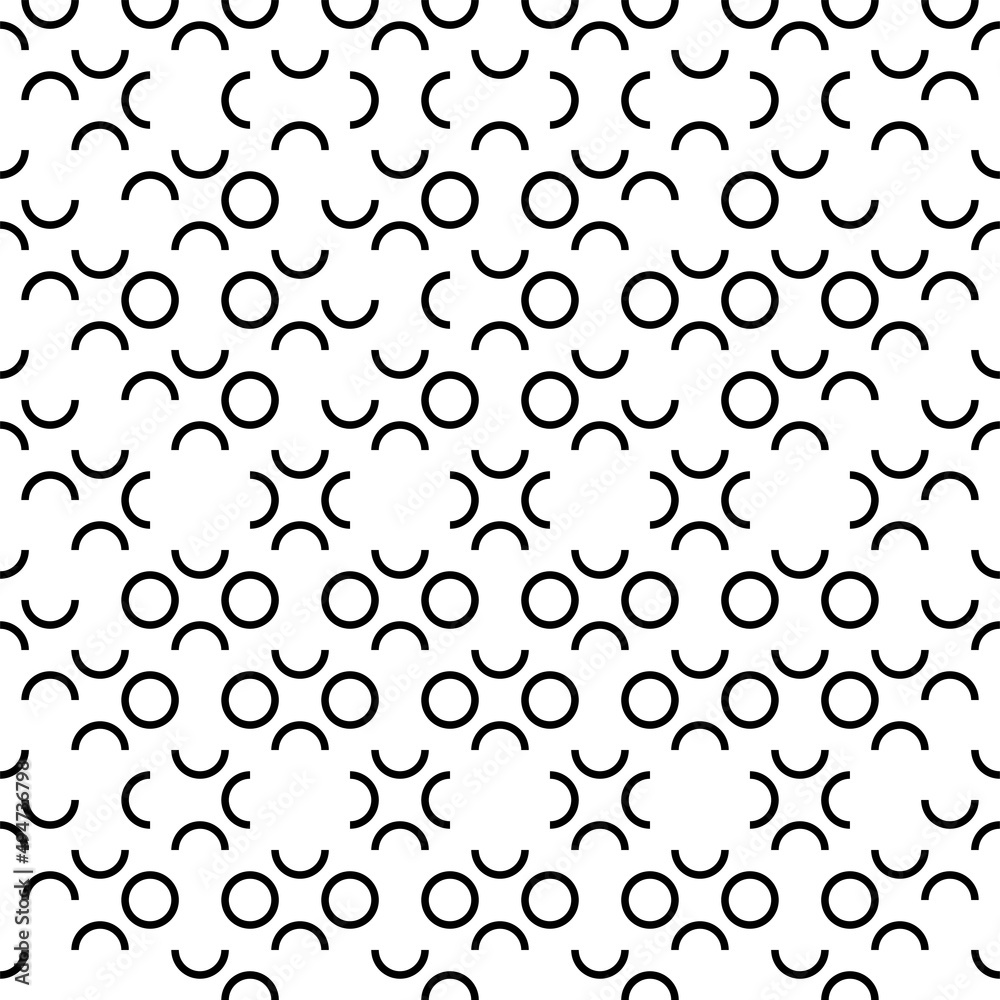 Vector illustration. Geometric seamless pattern. Contour circle and semicircle in the form of a rhombus. Spotted black - white background. Simple abstract background with polka dots.