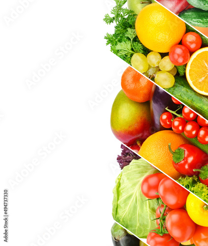 fruits and vegetables isolated on white background. Nice frame with free space for text. Collage.