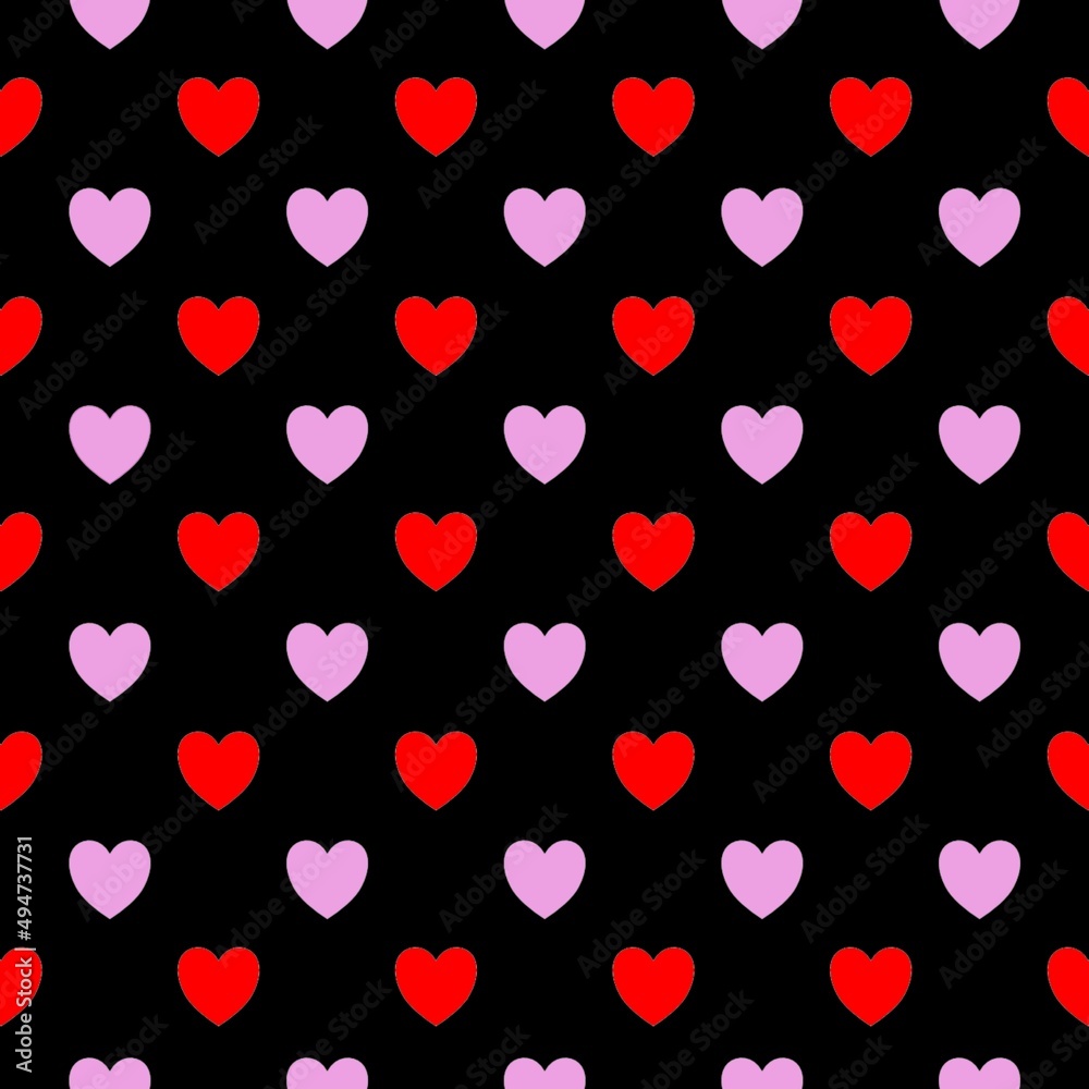 Red and pink hearts on a black background are used for backgrounds.