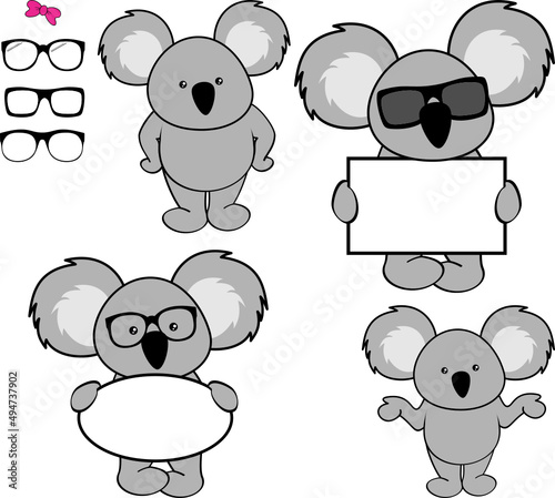 little kawaii koala cartoon standing set collection in vector format