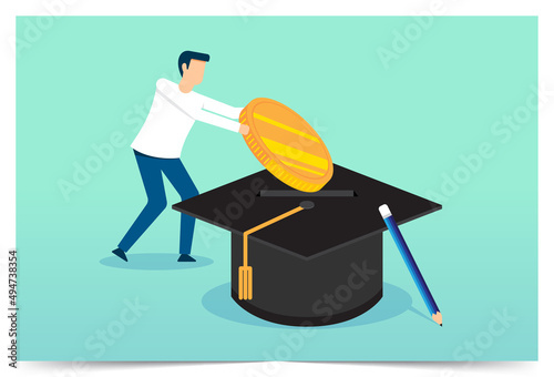 Saving money for education, put gold coin in graduation cap, parent investing money into child education fund