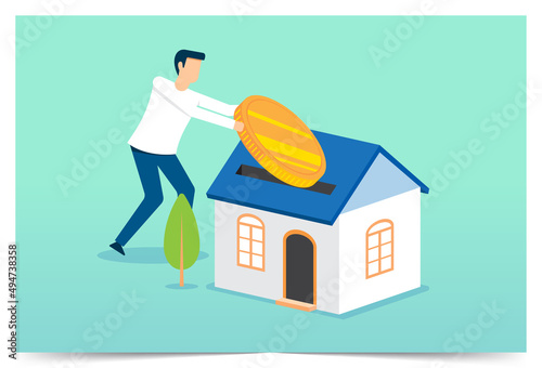 Putting coin into a money box, saving for house, mortgage and home buying, investment in real estate