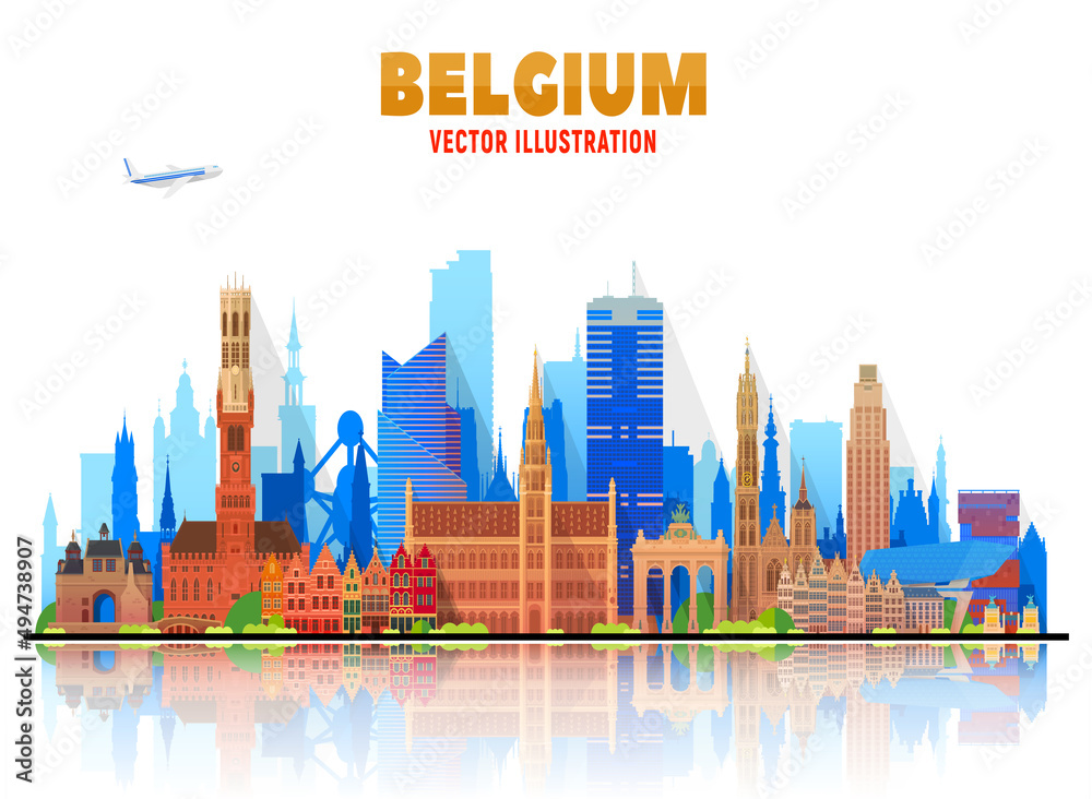 Belgium cities ( Brussels, Bruges, Antwerp, and other) skyline vector illustration at white background. Business travel and tourism concept with famous France landmarks.