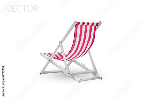 3d realistic vector vacation icon set beach sunbed in three different colours. Summertime relax. Deck chair or Beach chaise longue. Flat 3d isometric illustration.