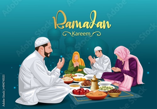 Ramadan Kareem greetings group of family people pay with Arabic background vector illustration design