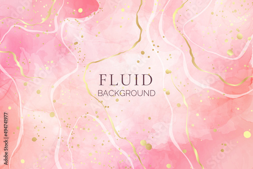 Rose pink liquid watercolor background with golden dots. Dusty blush marble alcohol ink drawing effect. Vector illustration design template for wedding invitation, menu, rsvp