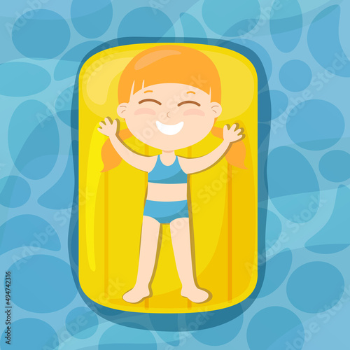 The girl lies and floats on an inflatable mattress on the water in the pool or the sea. Cartoon flat style summer holiday and fun. The child is happy and cheerful.
