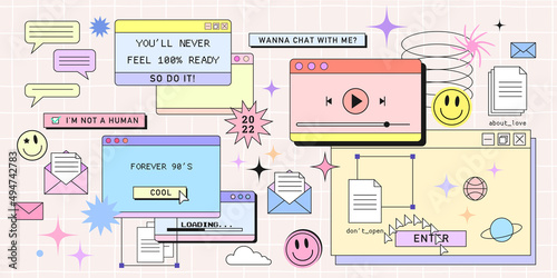 Retro browser computer window in 90s vaporwave style with smile face hipster stickers. Retrowave pc desktop with message boxes and popup user interface elements, Vector illustration of UI and UX