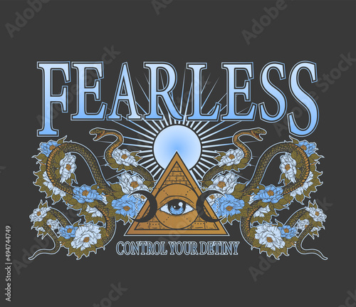 retro print on t-shirt with masonic eye, snakes and flowers