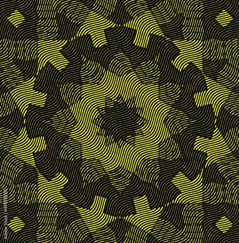 repeating golden orange arrow motif in geometric contemporary style on a dark brown background halftone style