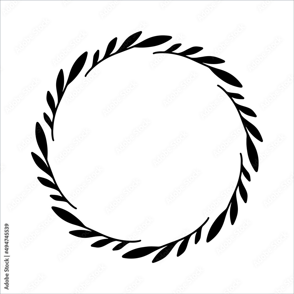 Vector hand drawn spring wreath isolated on white background. Silhouette circle of leaves. Doodle style. Floral monogram frame. Vector hand drawn spring wreath isolated on white background. Silhouette circle of leaves. Doodle style. Floral monogram frame.