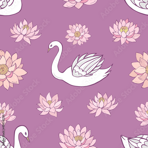 Seamless vector pattern of swans and lotuses. Decoration print for wrapping  wallpaper  fabric  textile.