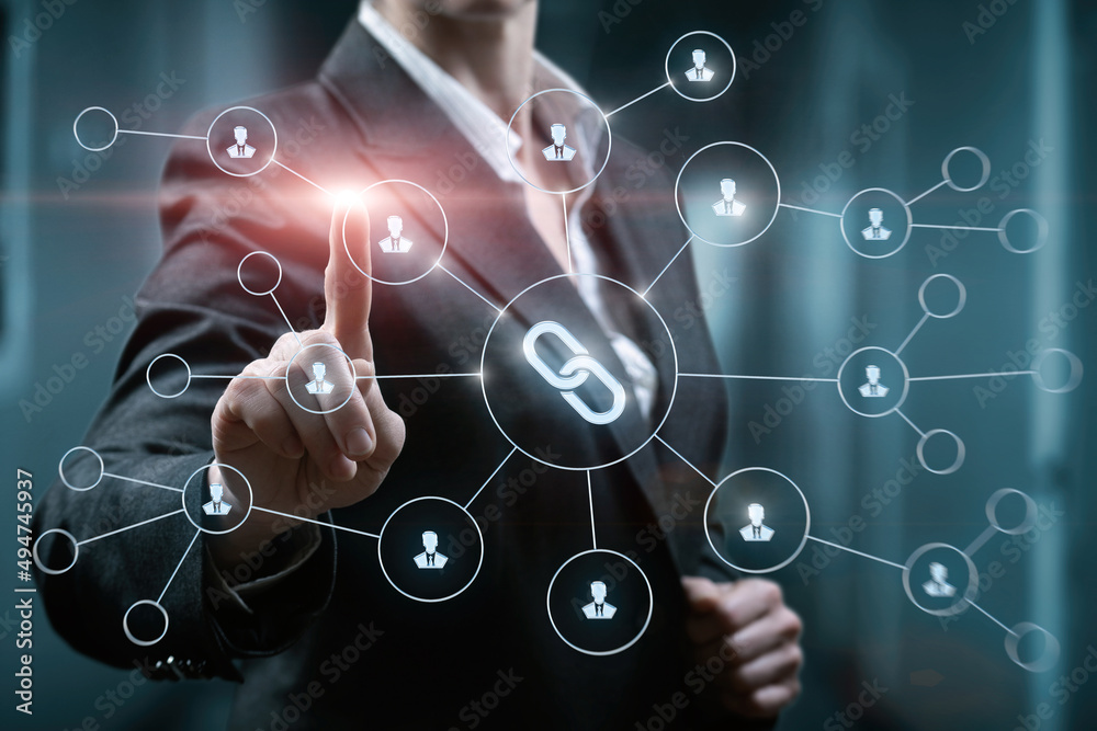 Businesswoman clicks settings link on blurred background. Businesswoman clicks settings link on blurred background.
