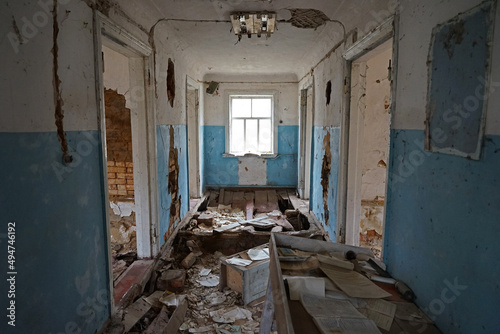 Interior of abandoned house in Chernobyl exclusion zone surrounding nuclear power plant with high radioactive contamination, Chernobyl, Ukraine © Milan