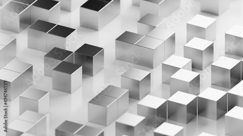 Metallic cubes on a white surface. 3D rendering illustration.