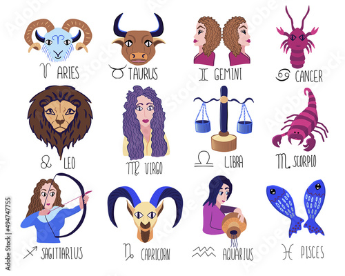 Zodiac signs set. Collection of highlight story covers for social media. Twelve astrological stickers with handwritten names. Vector hand drawn illustration