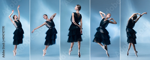 Collage of portraits of one young beautiful female ballet dancer in black dress dancing isolated on blue background photo