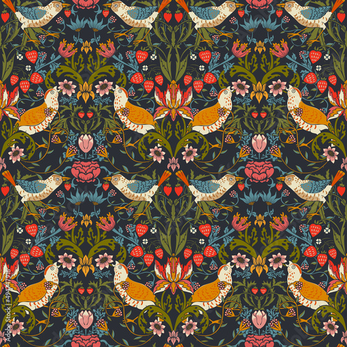 Photo seamless pattern with Victorian flowers, birds and berries in the style of Willi