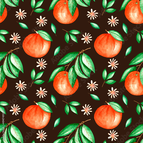 Fototapeta Naklejka Na Ścianę i Meble -  Watercolor handpaintid seamless pattern oranges citrus 