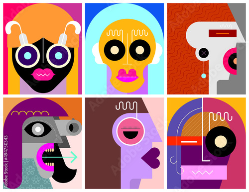 Six Portraits / Six Faces modern art layered vector illustration. Composition of six different abstract images of human face. 